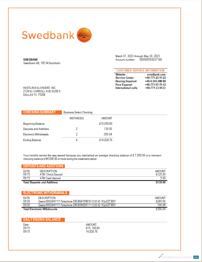 Download Swedbank business checking account statement Word and PDF template Photoshop template